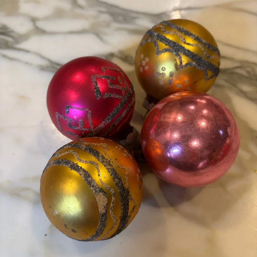 Shiny Brite Vintage Mica Glitter Stencil Glass Christmas Ornaments Pink Gold